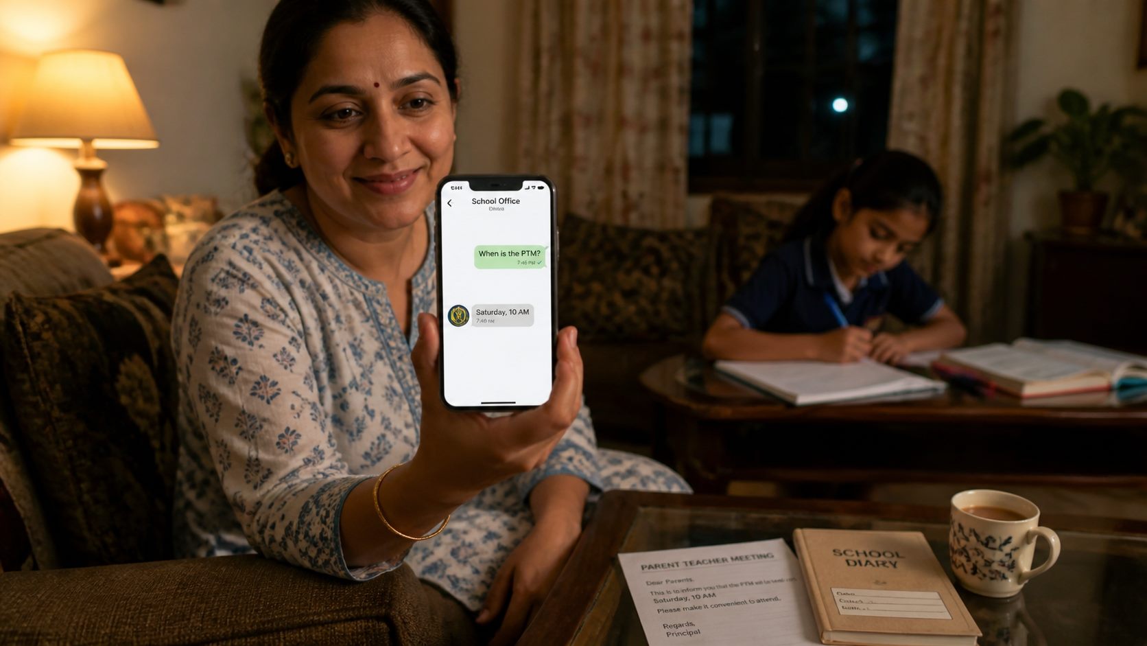 A parent at home in the evening holds up her phone showing a WhatsApp chat with the school office: she asks when the PTM is and gets the answer Saturday, 10 AM, while her daughter does homework and the PTM circular lies on the table